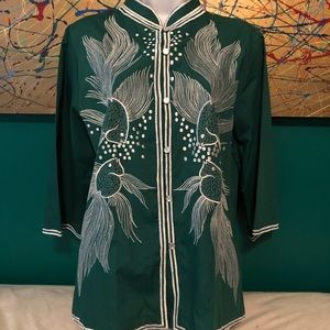 Awesome green embroidered Asian-style shirt sz M